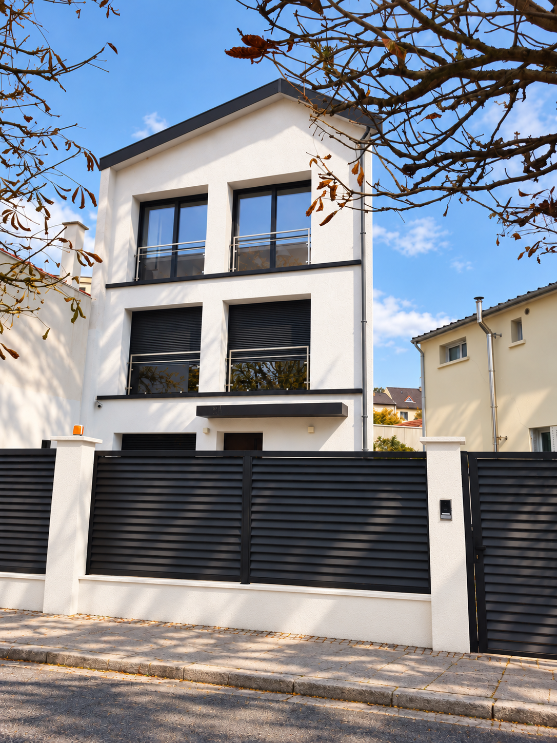 Façade et clôture rénovées en enduit blanc cassé